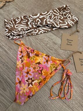 Stone Fox Swim Brown Bandeau Top & Pink Orange Floral Tie-Side Bottom